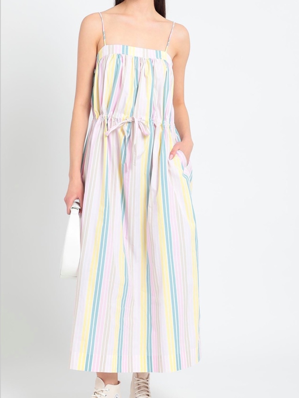 GANNI Poplin Striped Maxi Dress Large Organic Cotton Pastel Flare Sleeveless